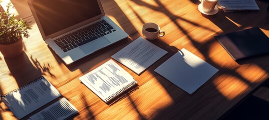 Poster - An overhead shot of a business meeting with laptops, coffee cups, and documents on the table.