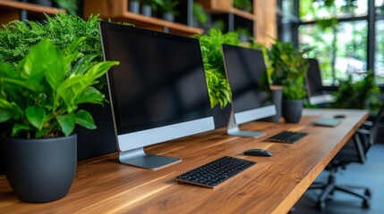 A modern office desk with two computers and a keyboard and mouse, set against a backdrop of lush green plants.