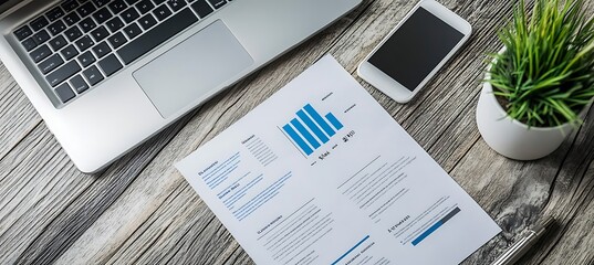 Poster - An overhead view of a business plan spread out on a desk with a laptop and a smartphone, set in a modern office environment