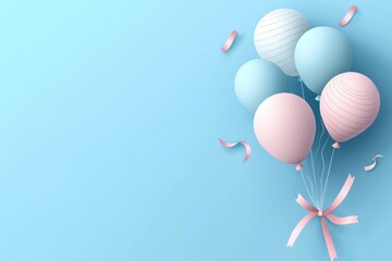 Poster - Pastel Balloons with Pink Ribbon on a Light Blue Background