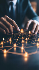 Aufkleber - Businessman in a modern office touches a glowing digital network on a touchscreen, symbolizing global business innovation and communication in the digital age