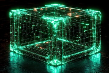 Poster - A luminous green cube with intricate lines and a reflective surface.