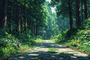 Poster - Sunlit Pathway Winding Through a Lush Green Forest