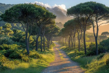 Poster - Sunlit Pathway Through a Forest of Pine Trees