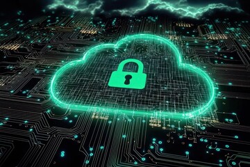 Aufkleber - A Glowing Green Cloud Icon with a Lock Symbol on a Circuit Board Background