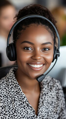 Poster - smiling young black woman wearing a headset while working in a call center