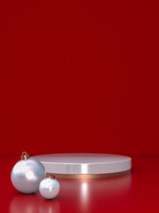 Poster - 3D minimal winter design with empty podium and Christmas balls on red background, Christmas and New year festive composition