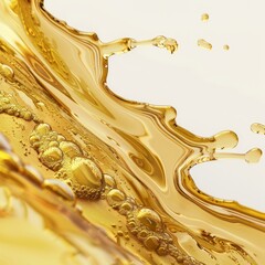 Poster - Golden liquid splashing and forming bubbles on white background