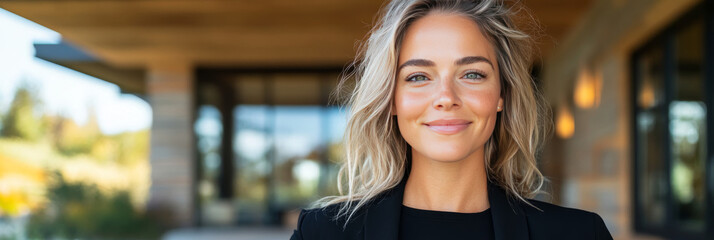 Wall Mural - Smiling young woman in a black blazer stands outside a modern building.