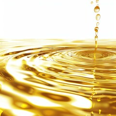 Poster - Stream of golden liquid forming concentric ripples on a surface with a white background