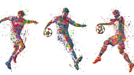 Poster - Colorful Soccer Player Graphic Paintings Kicking Balls With Splashes Generative AI