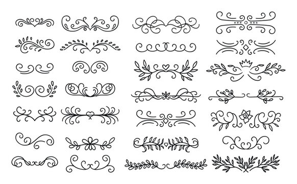 Decorative text dividers, monogram patterns, plant elements for design. Handmade style.