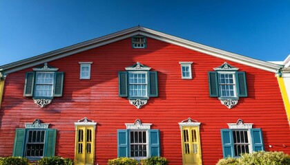 red and blue house in the country