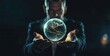 © SKIMP Art - A businessman holds a digital earth hologram, representing the global network and connectivity concept, against a dark background Generative AI