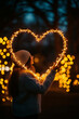© Magryt - Woman holding heart shaped lighting garland. Love and warmth concept, Saint Valentine's Day greeting card, winter season holidays, New Year. Electric garland in the shape of a heart, romantic symbol