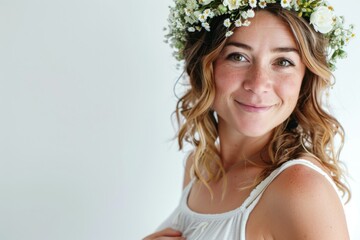 A portrait of a woman wearing a floral crown on her head, possibly for a celebration or cultural event