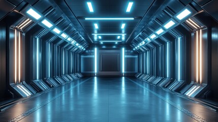 Poster - A futuristic corridor illuminated by blue lights, suggesting a sci-fi or technological setting.