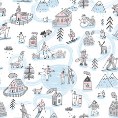  Winter holiday in the village with people skiing, skates, dogs, animals, houses illustrations seamless line pattern.