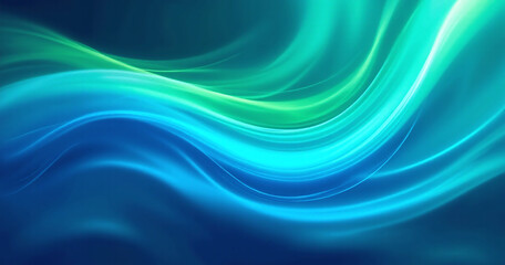 Poster - Vibrant blue and green curves with fluid light trails evoke a sense of movement reminiscent of flowing water on glossy textured backgrounds