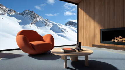 Wall Mural - Simple 3D model of a cozy living room with a view of snowy mountains