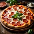 © krisna - A hot, freshly baked pizza with a golden, crispy crust, topped with bubbling mozzarella cheese, rich tomato sauce, pepperoni slices, and a sprinkle of fresh basil, filling the air with beef
