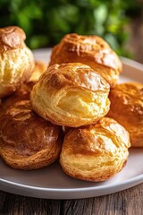 Poster - Freshly baked croissants on a rustic wooden table, ideal for breakfast or brunch