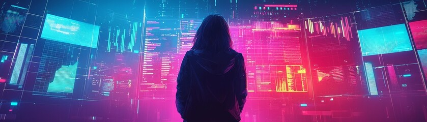 Wall Mural - A silhouette of a person stands before vibrant screens filled with colorful digital patterns, creating a futuristic and immersive atmosphere.