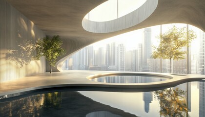 Poster - Abstract Indoor Architecture With Empty Concrete Floor In Cityscape Rendered In 3d. An Artistic Representation Captured In A Digital Format.