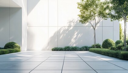 Poster - Modern Building Entrance With Large White Wall Showcased In 3d Rendering, Demonstrating Mal Architecture Design.