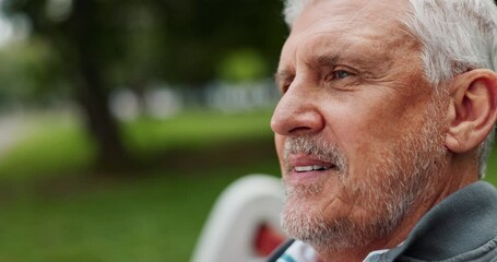 Canvas Print - Elderly man, smile and relax in park for retirement, positive mood and holiday with weekend break. Senior person, happy and peace in nature for travel, vacation and pension fund with joy in Germany