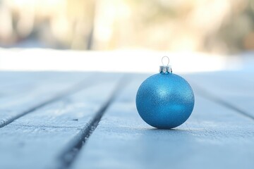 Wall Mural - A blue glass ornament sits on a wooden table, perfect for holiday decorations or winter-themed photography