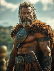 Wall Mural - Heracles stands imposingly his muscular physique highlighted as he wears lions skin. He grips club firmly showcasing fierce expression bright sunlight.