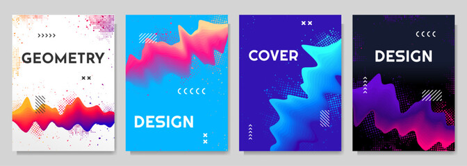 Poster - Vector illustration. Modern art graphic. Dynamic bright flow elements with paint splash and halftone dots. 3d flowing gradient colorful wave. Design poster, cover, magazine, layout, brochure, flyer