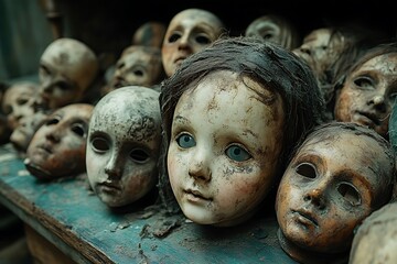 A collection of antique, dusty dolls with a haunting presence