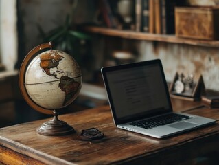 Poster - a globe on the table next to an open laptop, representing global connectivity and technology in busi
