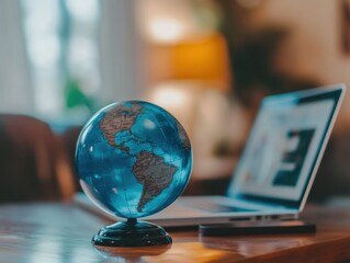 Poster - a blue glass globe sits on the table next to an open laptop computer with a blurred background, symb