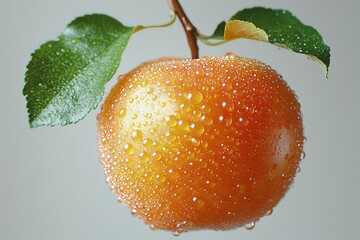 Wall Mural - A Dew-Covered Red Apple with Green Leaves