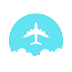 Wall Mural - white airplane on sky blue cloudy background. vector minimal icon or logo.