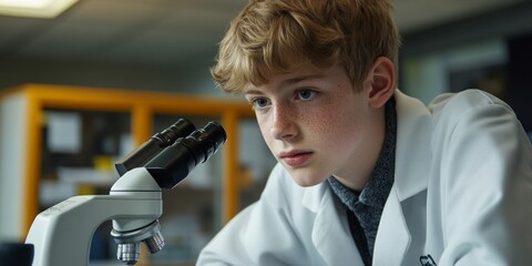 Aufkleber - a young boy in a lab coat examines specimens through a microscope. this image captures a moment of c