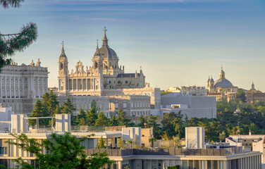 Wall Mural - View on Royal Palace and Almudena cathedral in Madrid on a sunny day