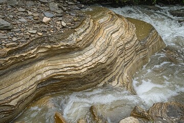 Poster - Water Flowing Over Layered Sedimentary Rock in a Stream