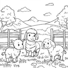 Sticker - A fun day at the petting zoo, coloring page for kids, simple outline illustration. Coloring book, simple lines.