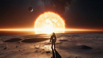 Wall Mural - a man in a spacesuit stands on a rocky surface. the man is looking at a large orange sun