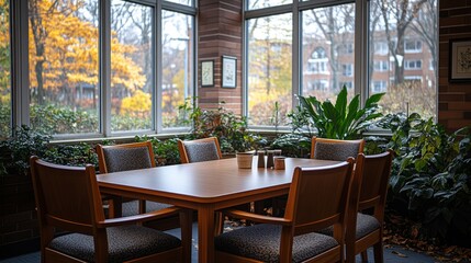 Poster - A wooden table with four chairs sits in a bright room filled with plants, offering a serene atmosphere with colorful autumn foliage visible through the large windows.
