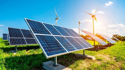 Canvas Print - This is a photovoltaic power plant and wind turbine farm situated by a landfill. The photovoltaic panel farm is built on an old waste dump while the wind turbine farm is on top of a waste dump. Copy