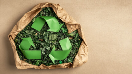 Green recycle symbol in a paper bag on a brown background.