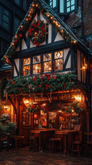 Wall Mural - cozy winter scene of a traditional Cornish pub adorned with Christmas decorations, with snow gently falling and patrons enjoying the holiday spirit outside, ideal for a warm smartphone wallpaper