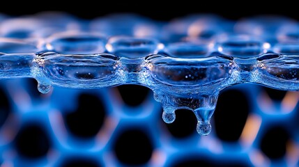 Wall Mural - A close up of water droplets on a blue surface