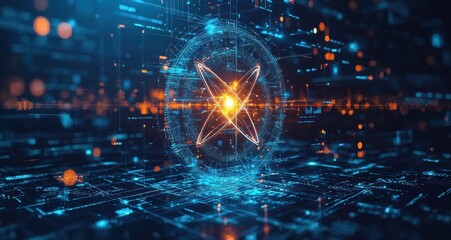 Poster - glowing atomic symbol on digital blue background with data flow