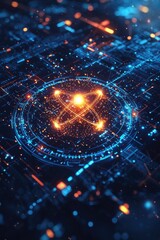 Poster - glowing atomic symbol on a futuristic blue digital background
